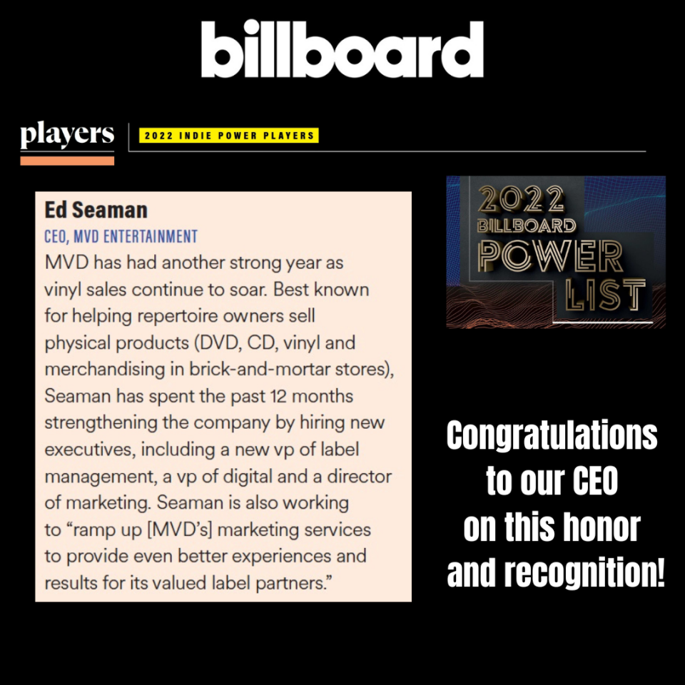 MVD Named to Billboard’s 2022 Indie Power Players List MVD